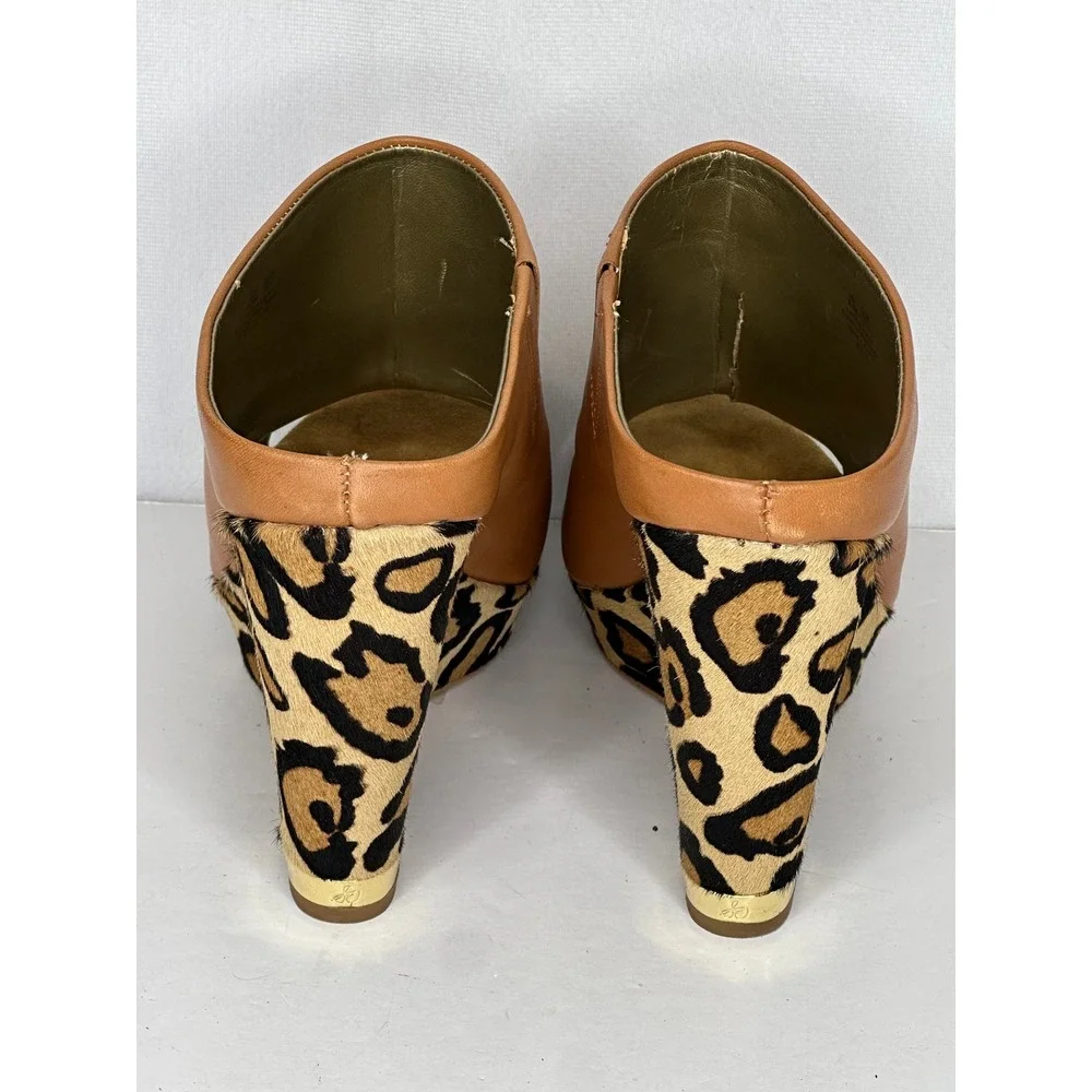 Sam Edelman Kylie Tan Leather Leopard Hair Wedge Peep Toe Mules Mob Wife8.5